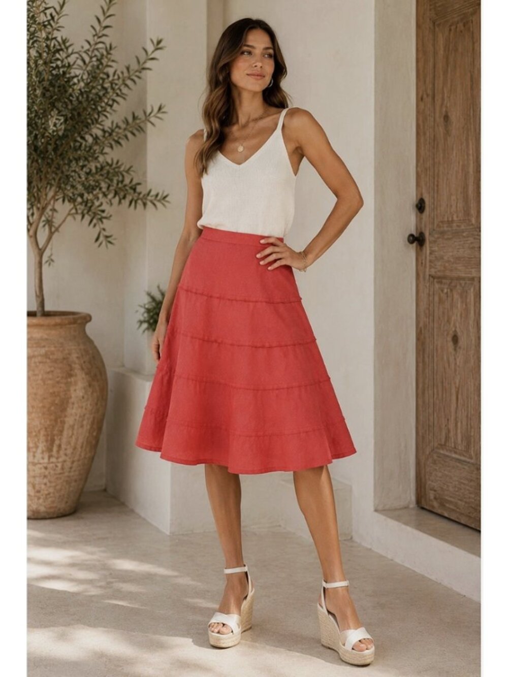Soft Surroundings Womens Tiered Midi Linen Skirt M Coral Elastic Waist Summer